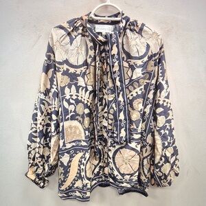 One Hundred Stars Tie-Neck Printed Blouse in Navy and Cream